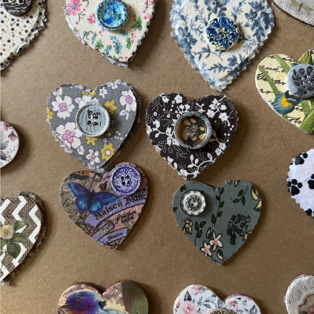 Mini Hearts Lot with Fabric Painted Stamped Buttons Double Sided Ephemera 29 Pcs